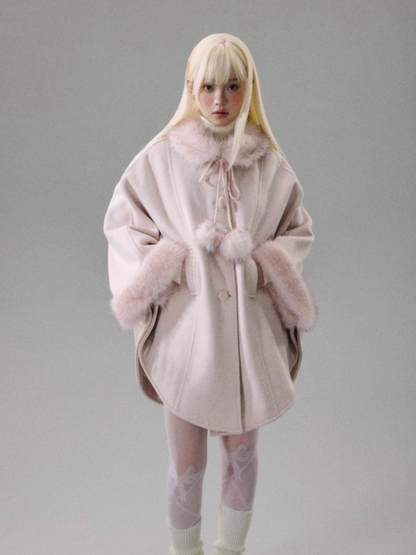 "Sakura Rain" Sweet-Chic Wool-Blend Long-Hair Cape Coat