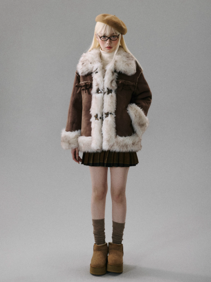 "Walnut Tart" Sweet Bow Shearling-Style Thick Winter Jacket