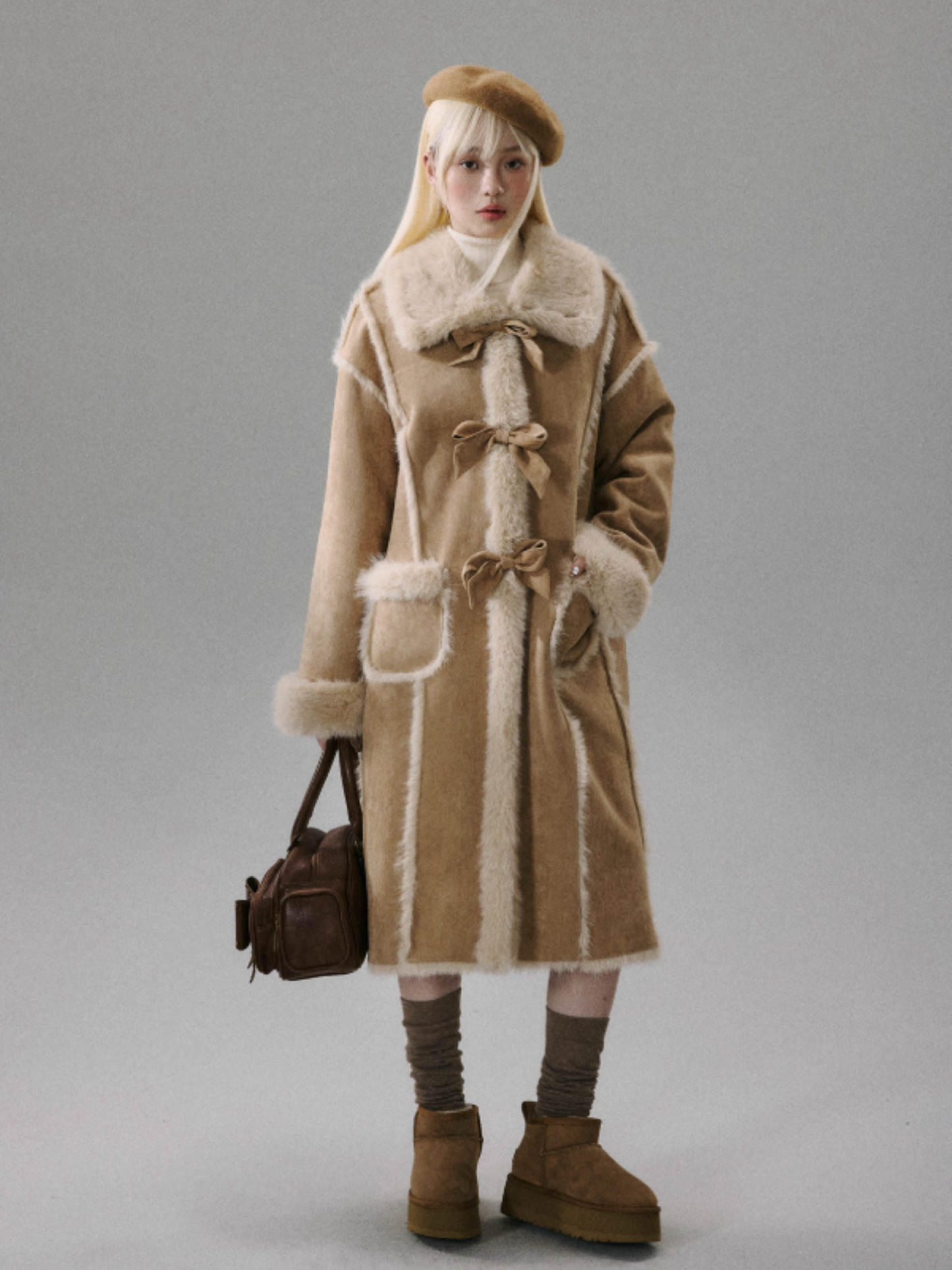 "Orange Blossom Puff" Warm Brown Long-Hair Bow Coat