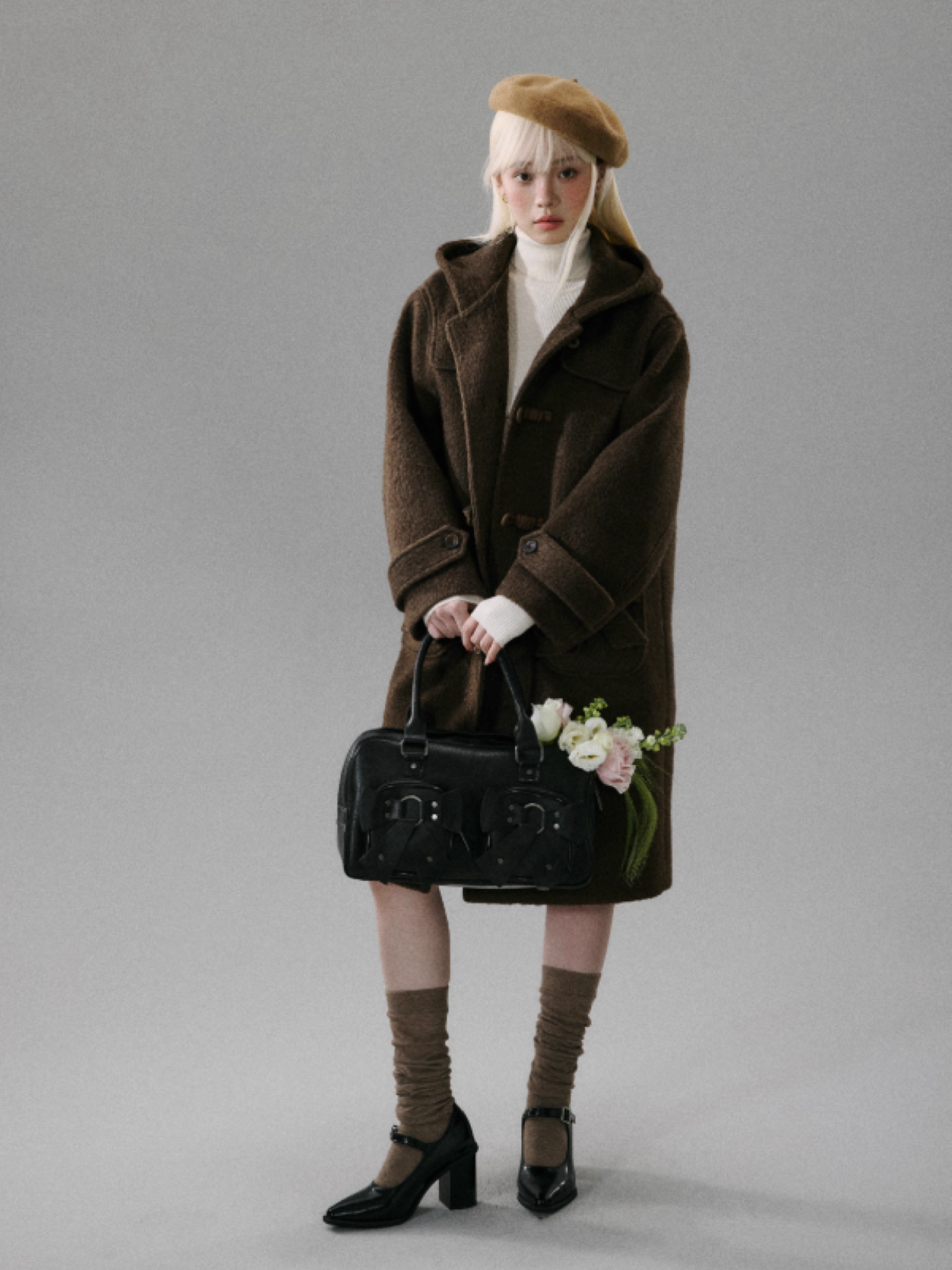 "Ebony Rose" Wool-Blend Hooded Toggle Long Coat - Caramel
