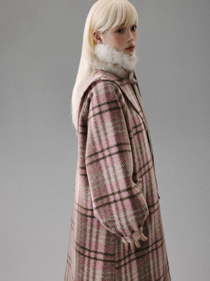 "Ice Blue Checks" Wool A-Line Sailor-Collar Coat - Pink