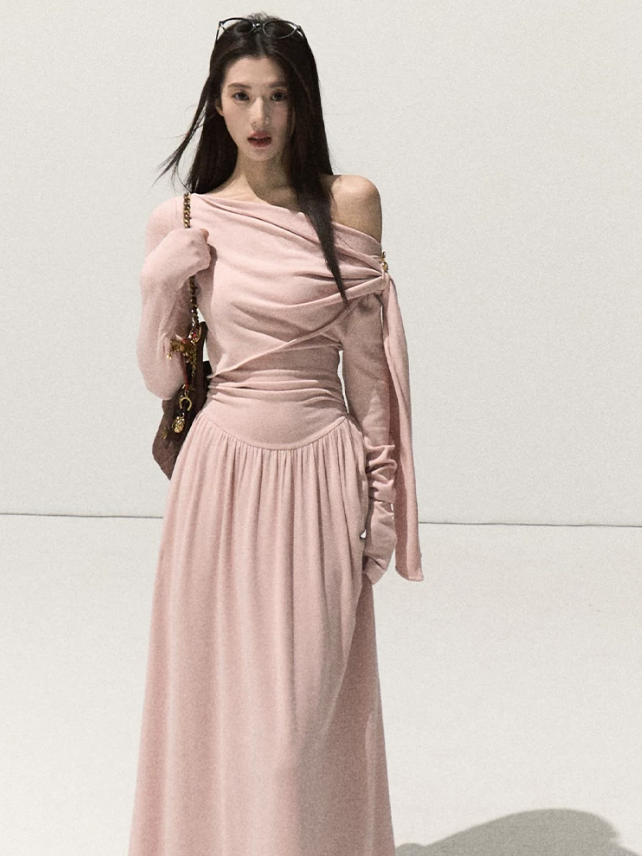 OAKMOO/ Vintage Oak Pink Off-Shoulder Wrap Knit Maxi Dress