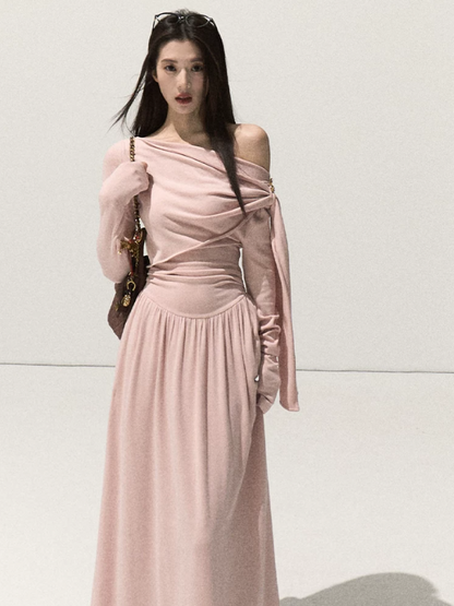OAKMOO/ Vintage Oak Pink Off-Shoulder Wrap Knit Maxi Dress