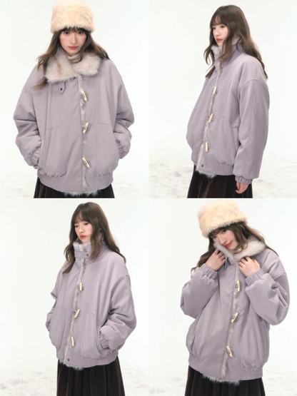 “Caramel Taro Mousse” Faux-Fur PU Leather Short Jacket WW2025458