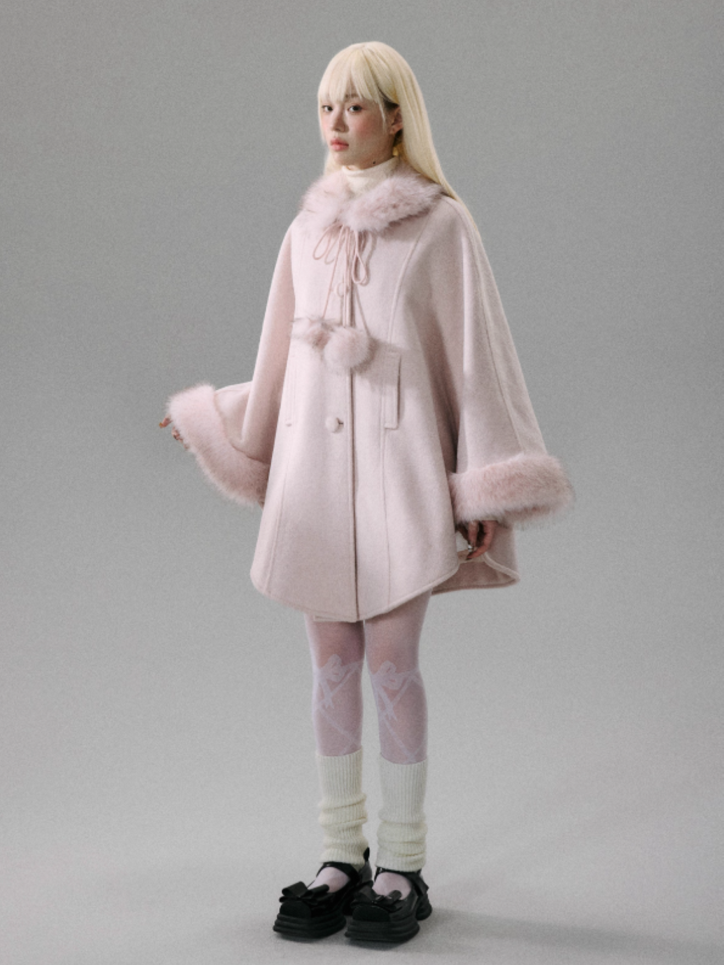 "Sakura Rain" Sweet-Chic Wool-Blend Long-Hair Cape Coat