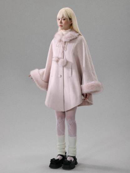 "Sakura Rain" Sweet-Chic Wool-Blend Long-Hair Cape Coat