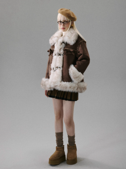 "Walnut Tart" Sweet Bow Shearling-Style Thick Winter Jacket