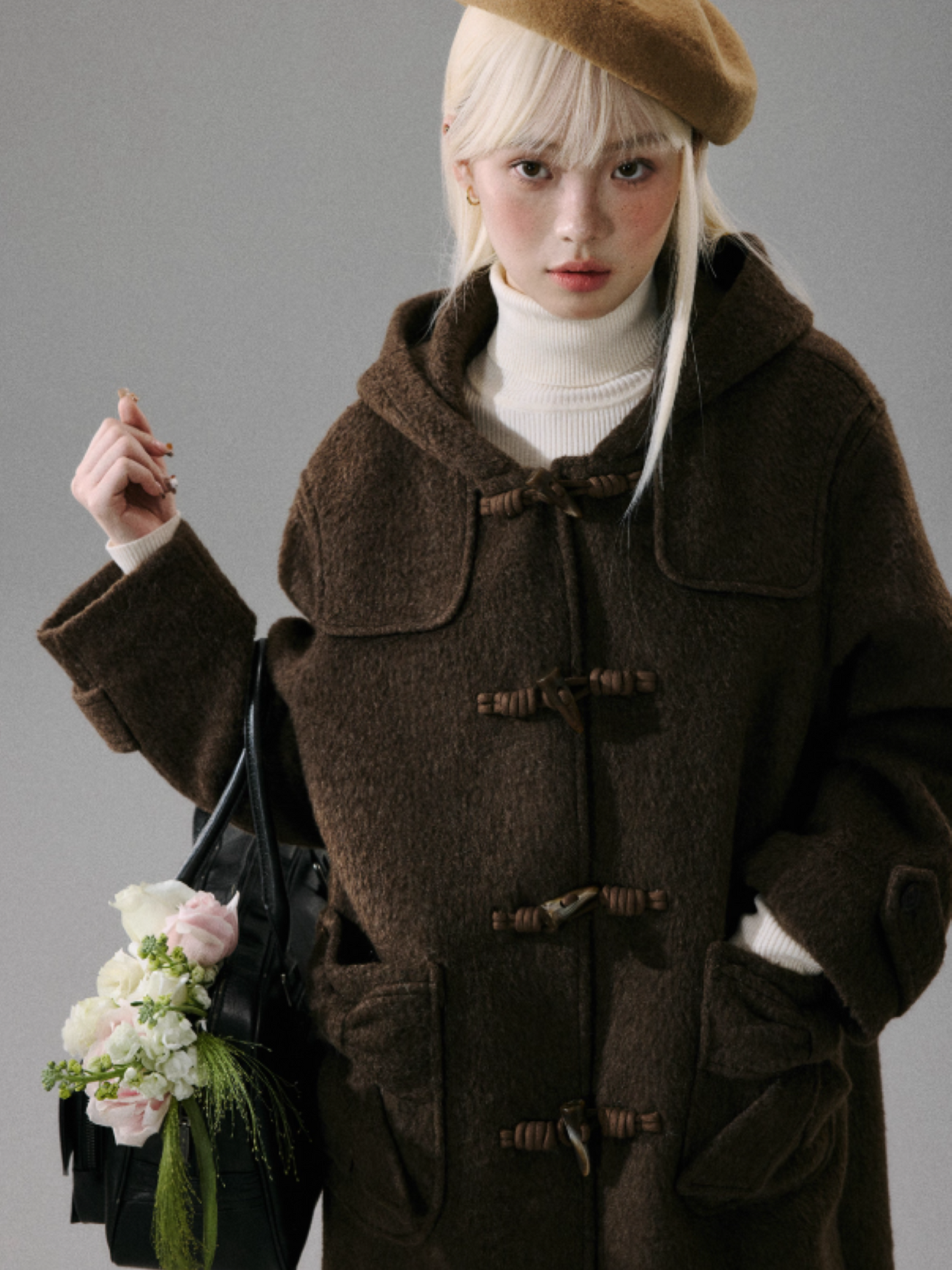 "Ebony Rose" Wool-Blend Hooded Toggle Long Coat - Caramel