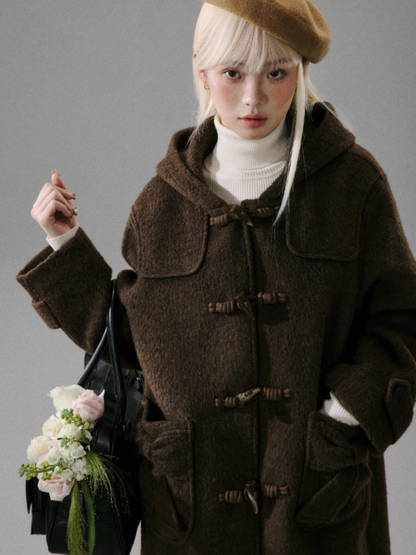 "Ebony Rose" Wool-Blend Hooded Toggle Long Coat - Caramel