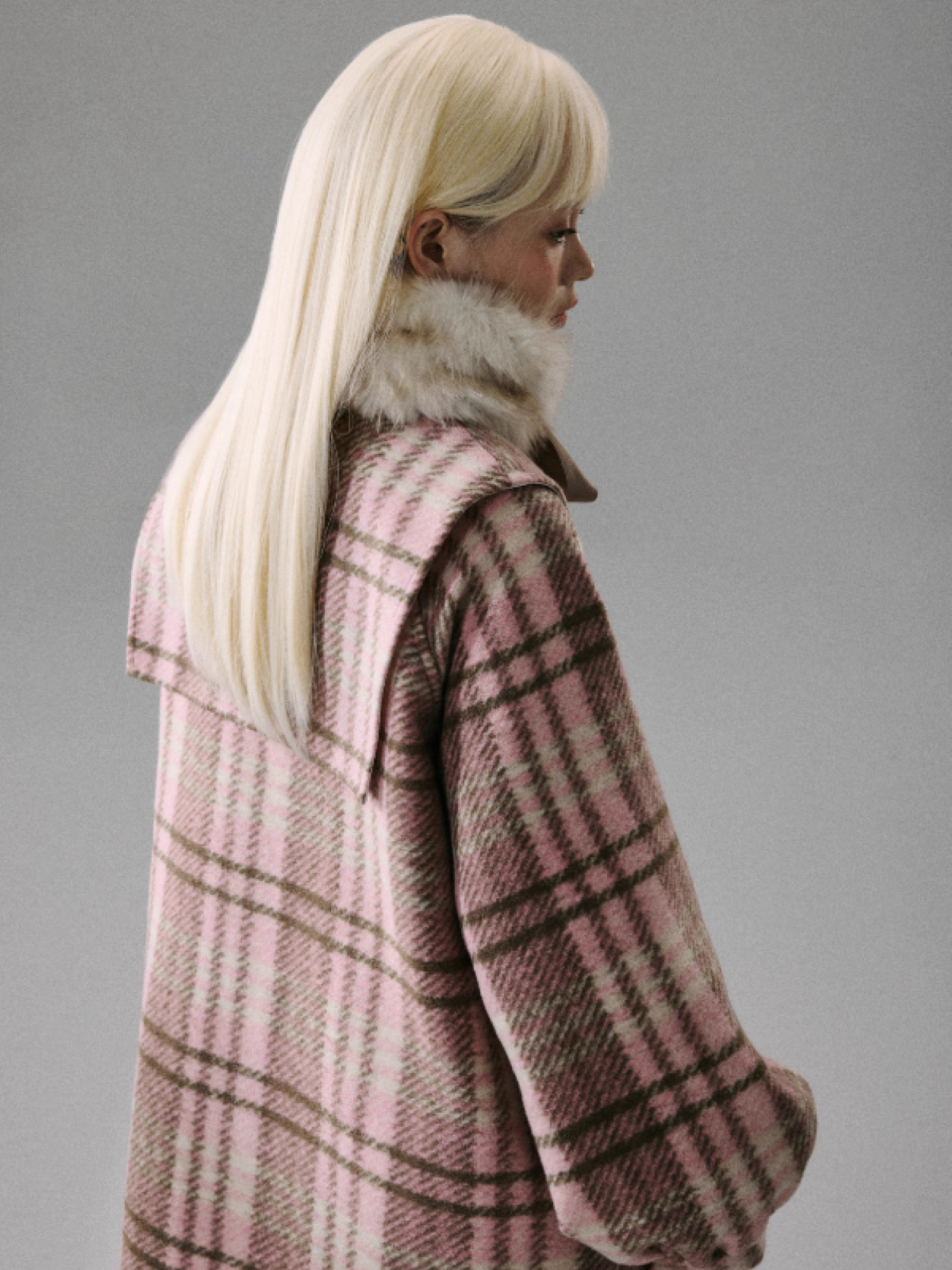 "Ice Blue Checks" Wool A-Line Sailor-Collar Coat - Pink