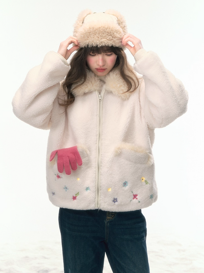 “Spring at Lake Tekapo” Embroidered Sherpa Fleece Short Jacket WW2025463