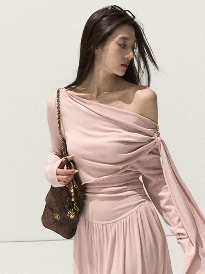 OAKMOO/ Vintage Oak Pink Off-Shoulder Wrap Knit Maxi Dress