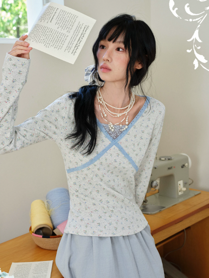DAILY ARTIST - Light Gray Floral Lace Cross-Front Long-Sleeve Top