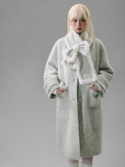 "Sakura-Tipped Reverie" Wool-Blend Wave-Texture Coat with Detachable Bow Scarf - Gray