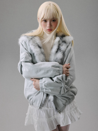 "Northern Frost Rime" Sweet-Cool Plush Hooded Jacket - Gray-White