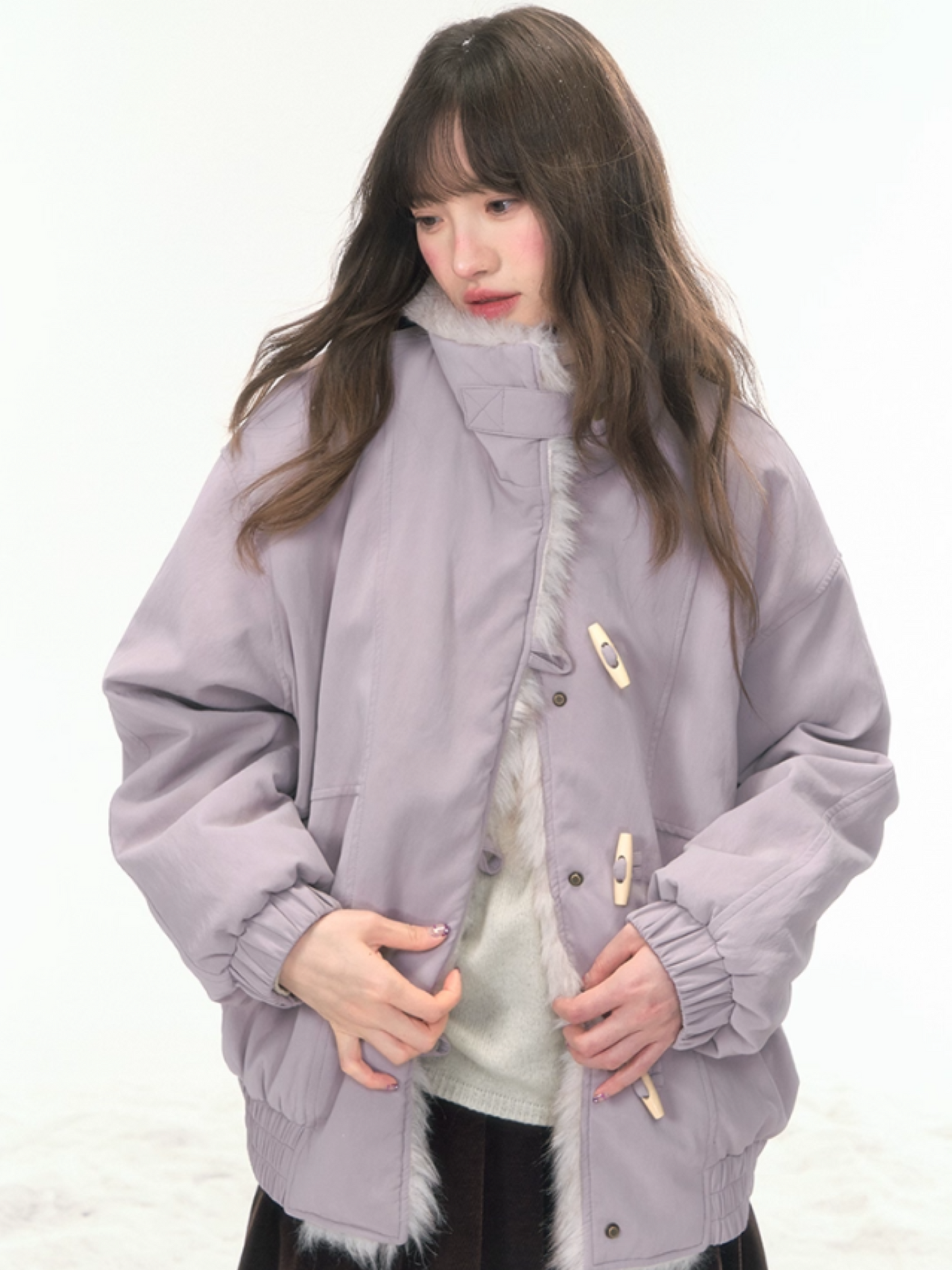 “Caramel Taro Mousse” Faux-Fur PU Leather Short Jacket WW2025458