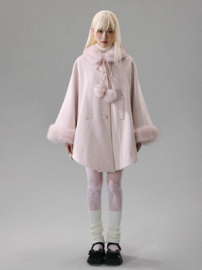 "Sakura Rain" Sweet-Chic Wool-Blend Long-Hair Cape Coat