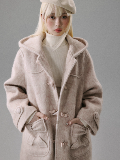 "Ebony Rose" Wool-Blend Hooded Toggle Long Coat - Pink