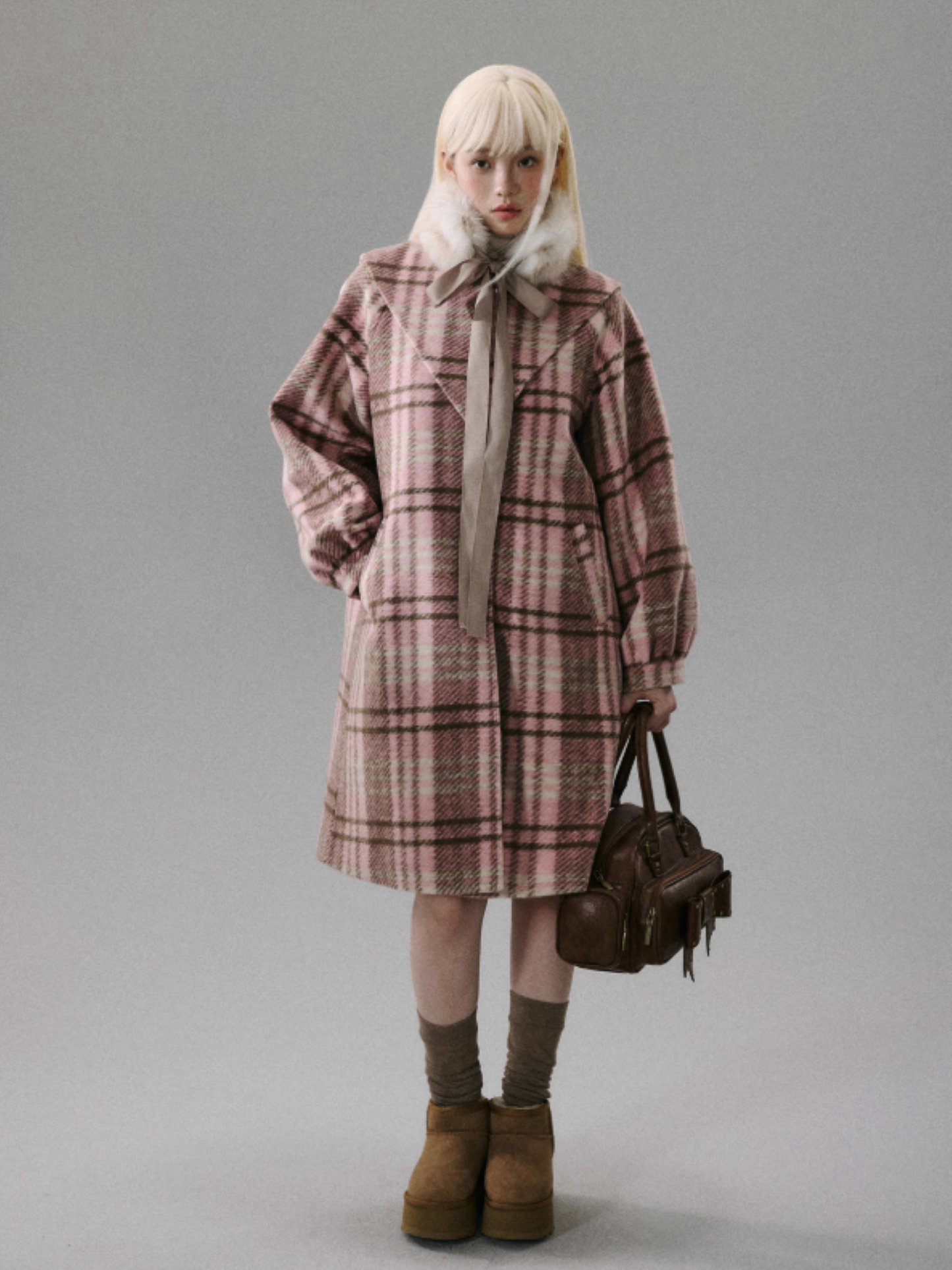 "Ice Blue Checks" Wool A-Line Sailor-Collar Coat - Pink