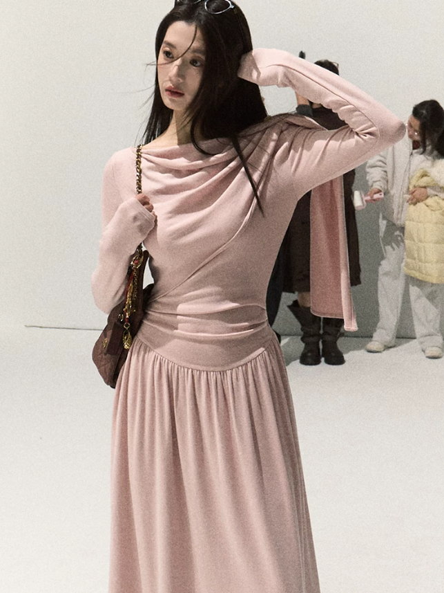 OAKMOO/ Vintage Oak Pink Off-Shoulder Wrap Knit Maxi Dress