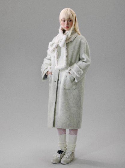 "Sakura-Tipped Reverie" Wool-Blend Wave-Texture Coat with Detachable Bow Scarf - Gray