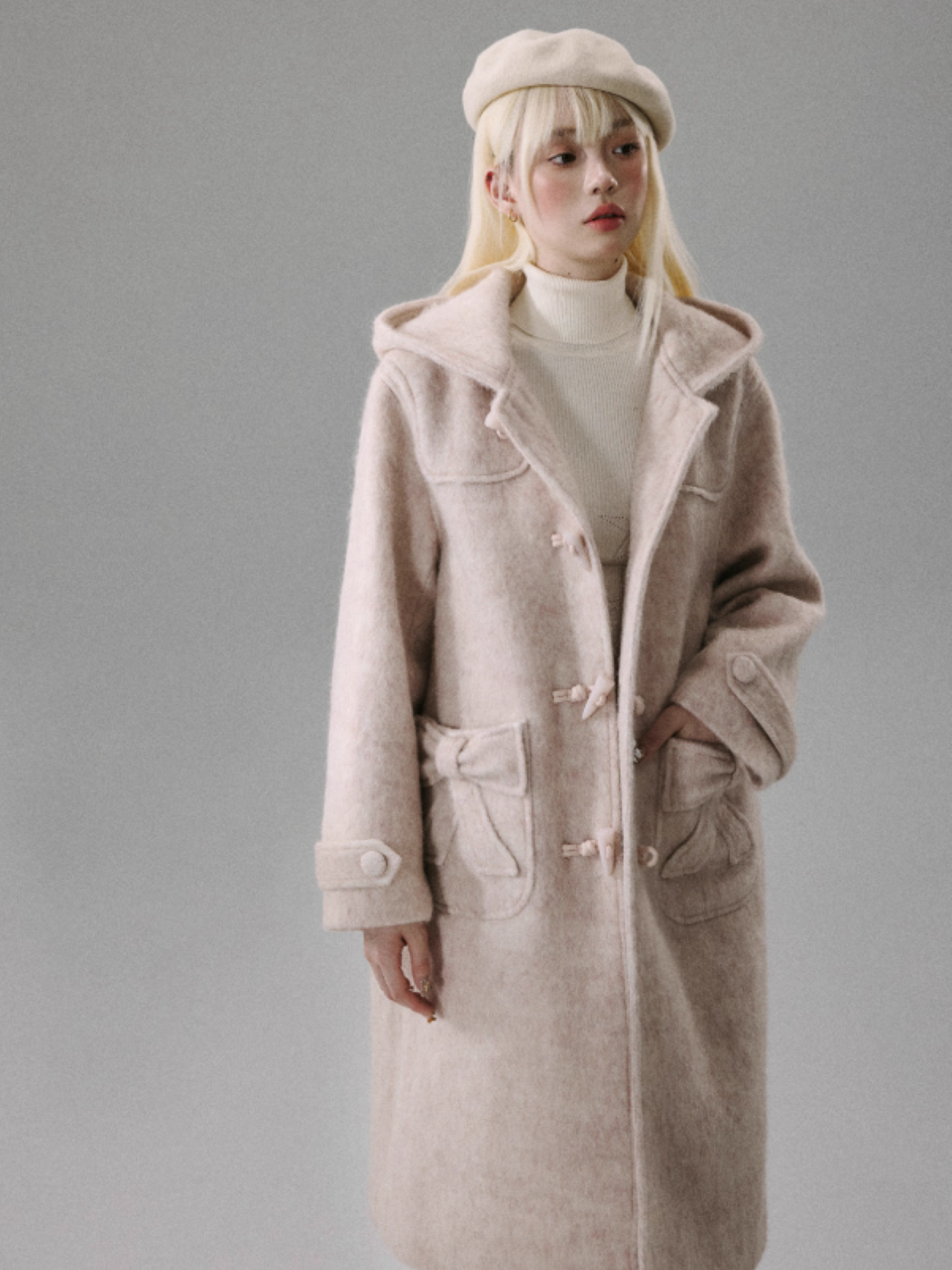 "Ebony Rose" Wool-Blend Hooded Toggle Long Coat - Pink