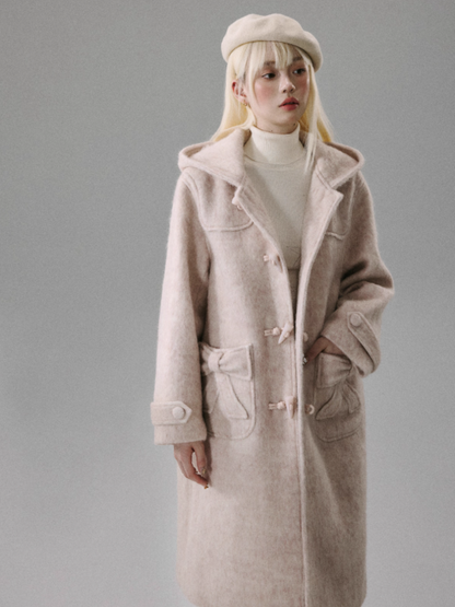 "Ebony Rose" Wool-Blend Hooded Toggle Long Coat - Pink