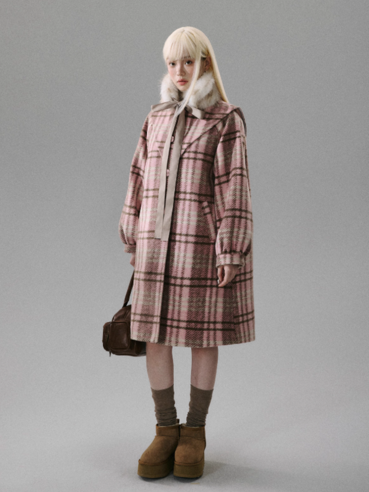 "Ice Blue Checks" Wool A-Line Sailor-Collar Coat - Pink