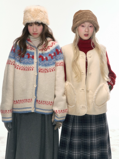 “Christmas Candy Market” Hooded Pony Fair Isle Knit Cardigan WW2025475