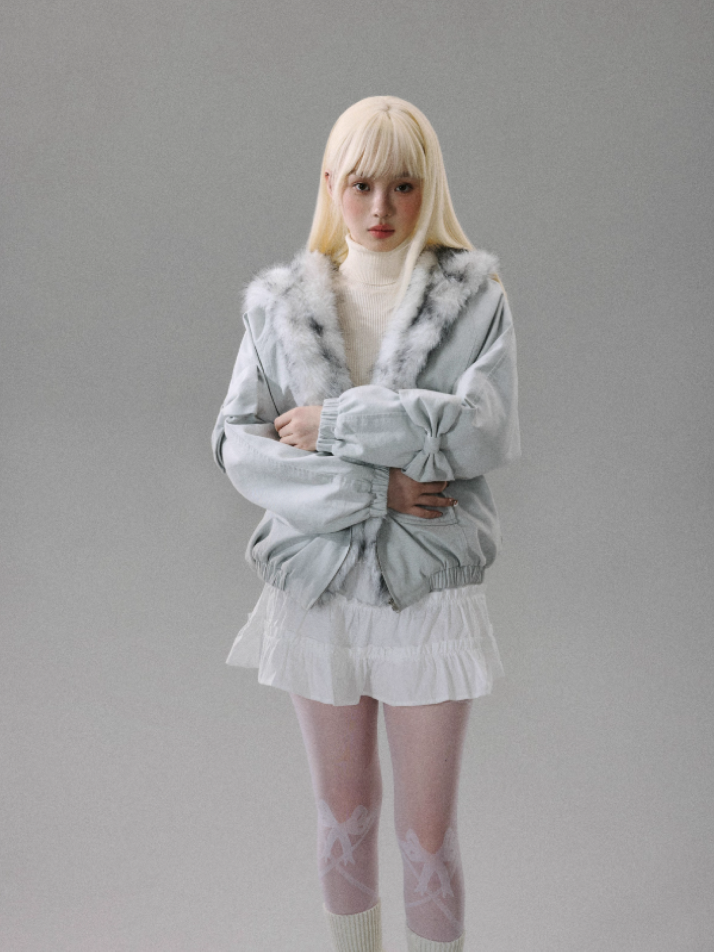 "Northern Frost Rime" Sweet-Cool Plush Hooded Jacket - Gray-White