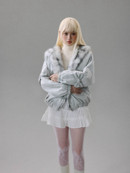 "Northern Frost Rime" Sweet-Cool Plush Hooded Jacket - Gray-White