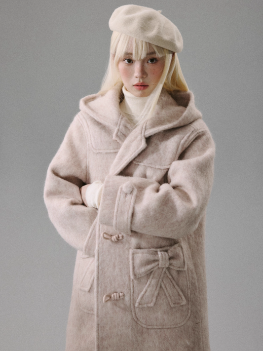 "Ebony Rose" Wool-Blend Hooded Toggle Long Coat - Pink