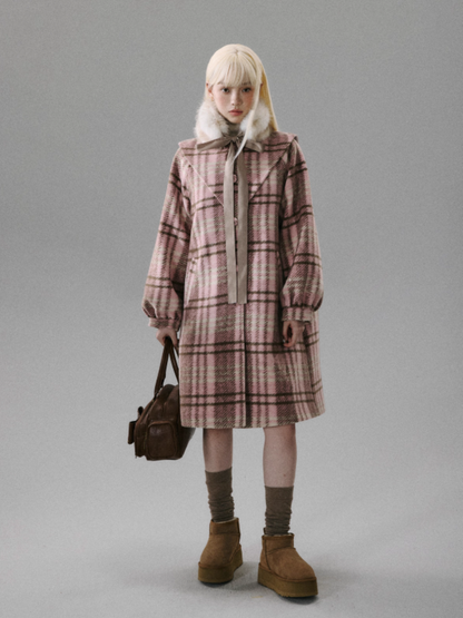 "Ice Blue Checks" Wool A-Line Sailor-Collar Coat - Pink