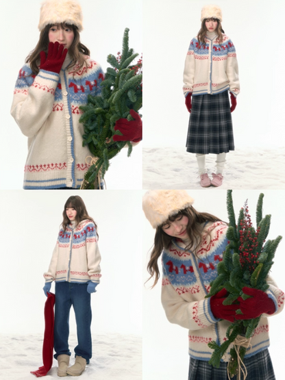 “Christmas Candy Market” Hooded Pony Fair Isle Knit Cardigan WW2025475