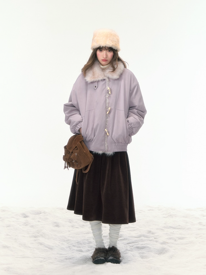 “Caramel Taro Mousse” Faux-Fur PU Leather Short Jacket WW2025458