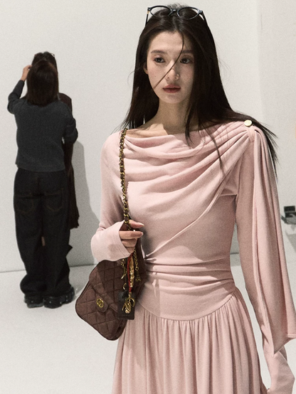 OAKMOO/ Vintage Oak Pink Off-Shoulder Wrap Knit Maxi Dress