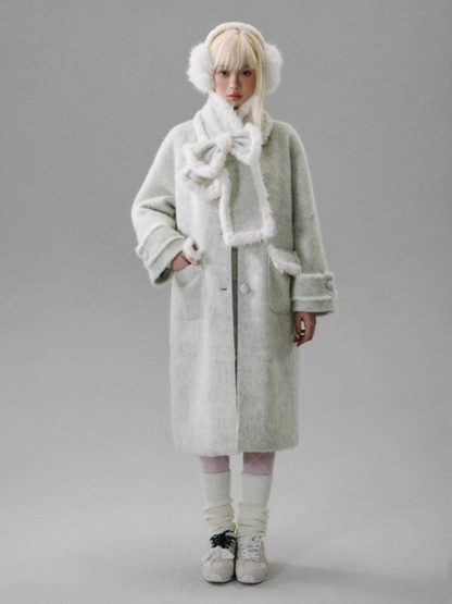 "Sakura-Tipped Reverie" Wool-Blend Wave-Texture Coat with Detachable Bow Scarf - Gray
