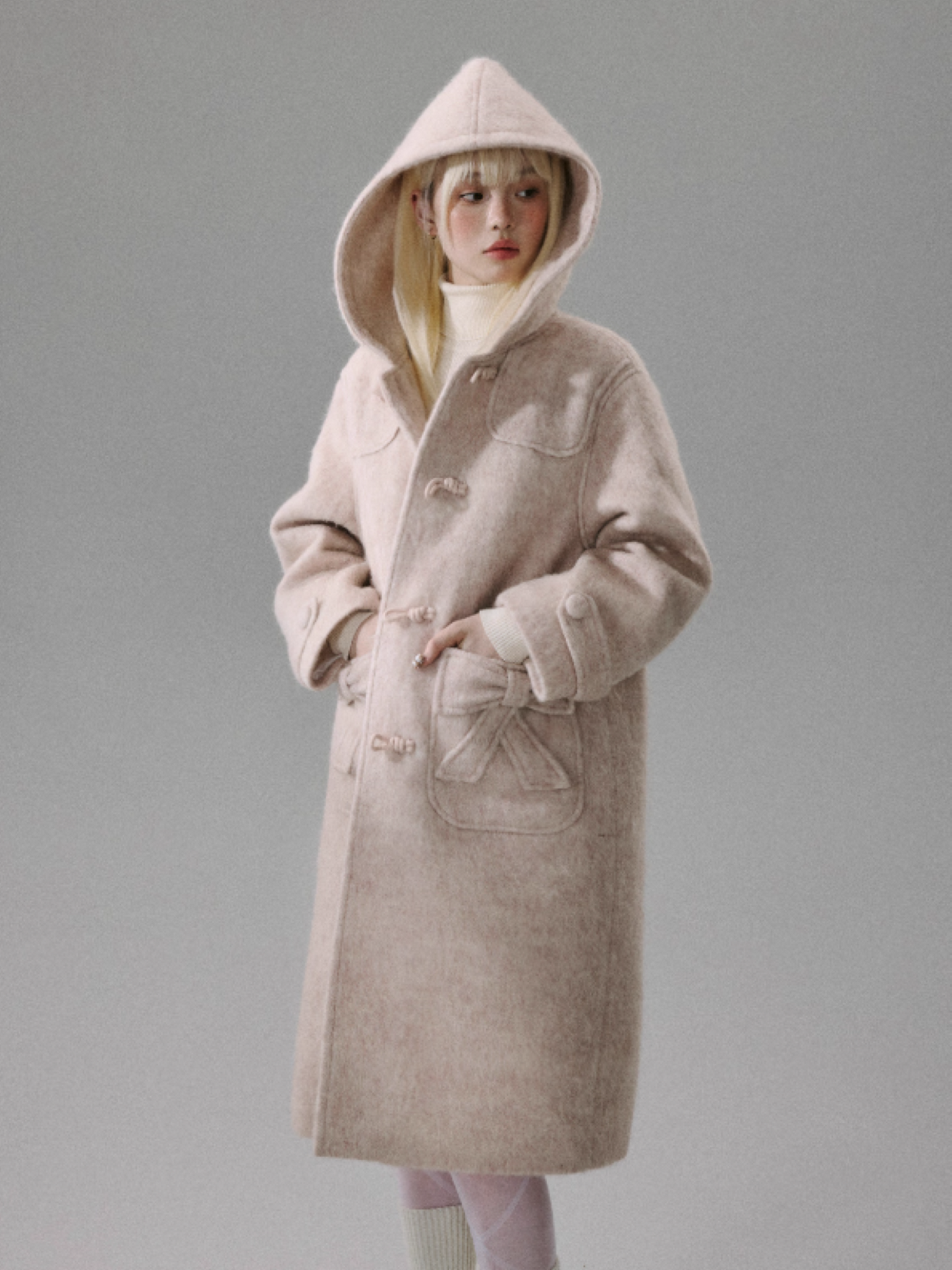 "Ebony Rose" Wool-Blend Hooded Toggle Long Coat - Pink