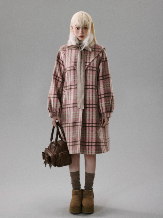"Ice Blue Checks" Wool A-Line Sailor-Collar Coat - Pink