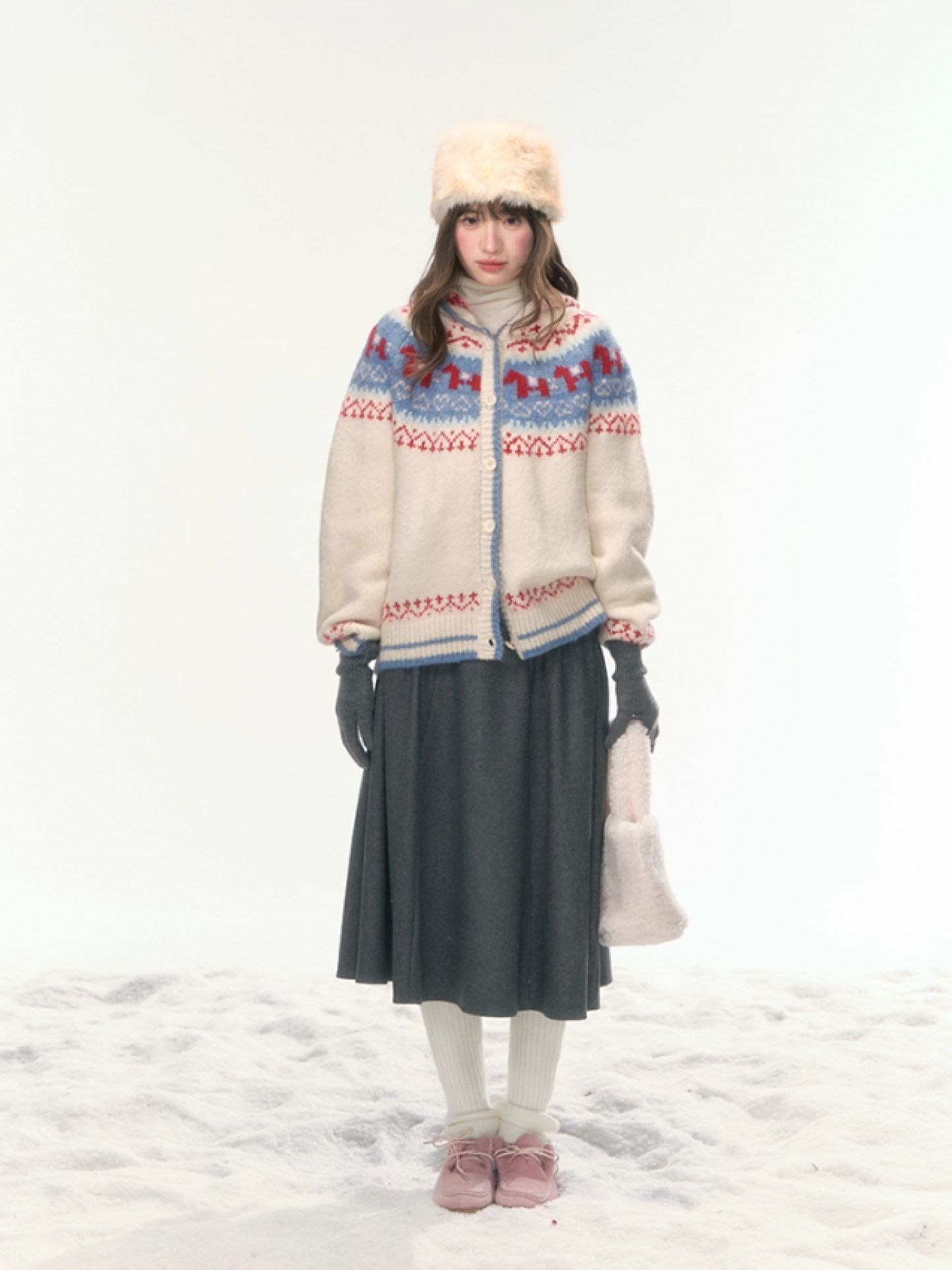 “Christmas Candy Market” Hooded Pony Fair Isle Knit Cardigan WW2025475