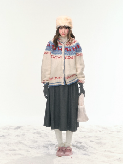 “Christmas Candy Market” Hooded Pony Fair Isle Knit Cardigan WW2025475