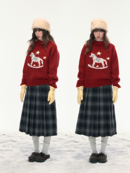 “Christmas Star Rocking Pony” Cozy Wool-Blend Knit Sweater WW2025470