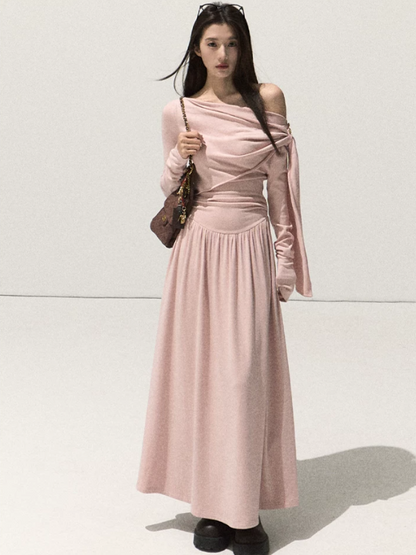 OAKMOO/ Vintage Oak Pink Off-Shoulder Wrap Knit Maxi Dress
