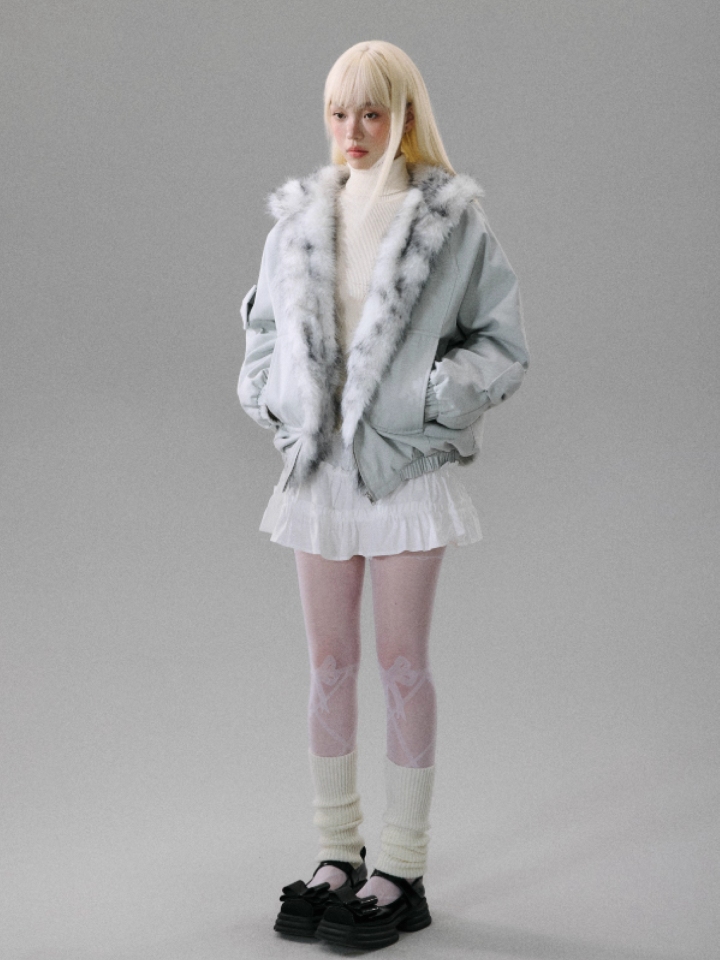 "Northern Frost Rime" Sweet-Cool Plush Hooded Jacket - Gray-White