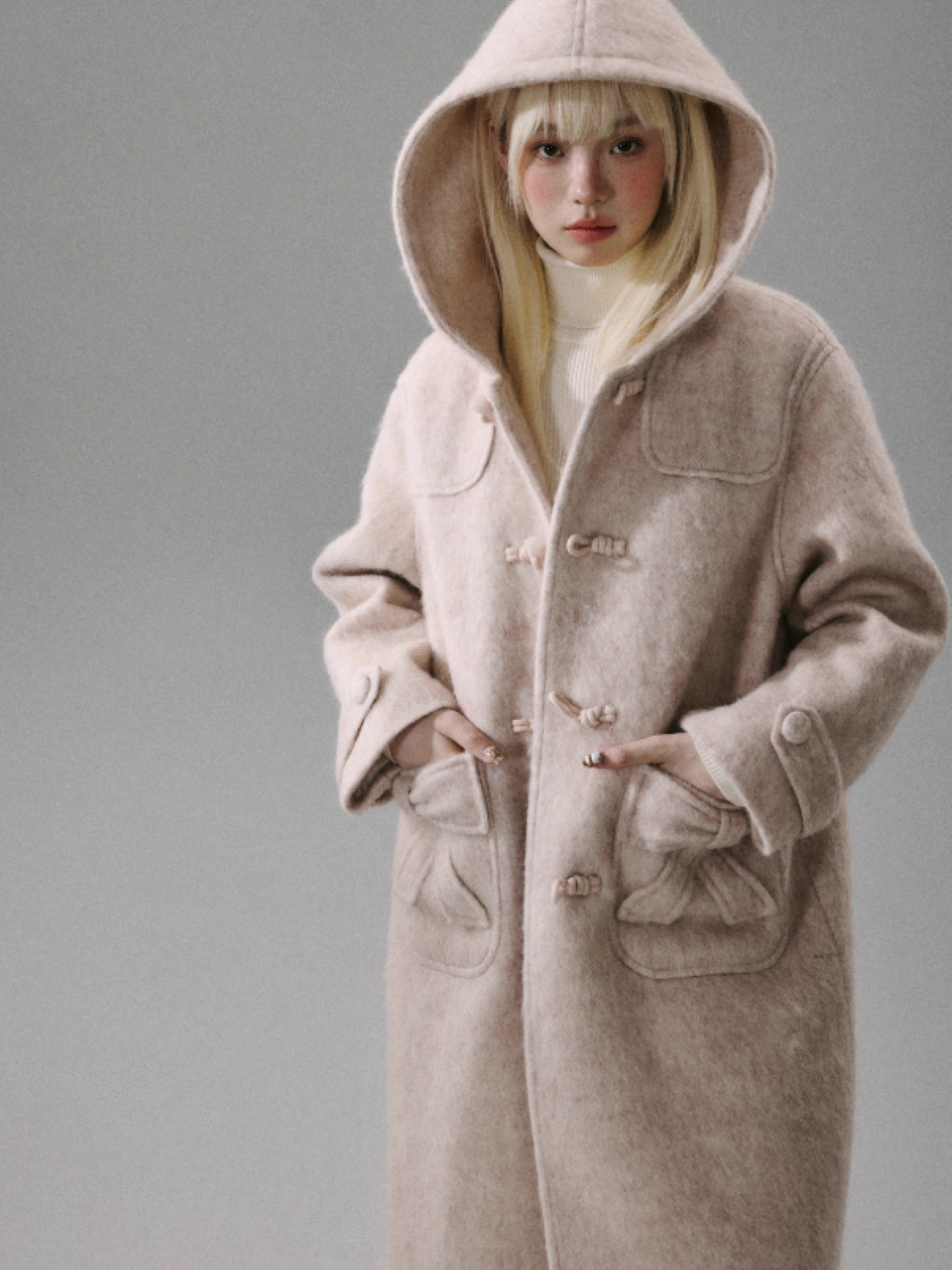 "Ebony Rose" Wool-Blend Hooded Toggle Long Coat - Pink