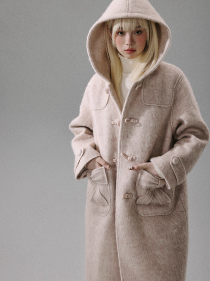 "Ebony Rose" Wool-Blend Hooded Toggle Long Coat - Pink