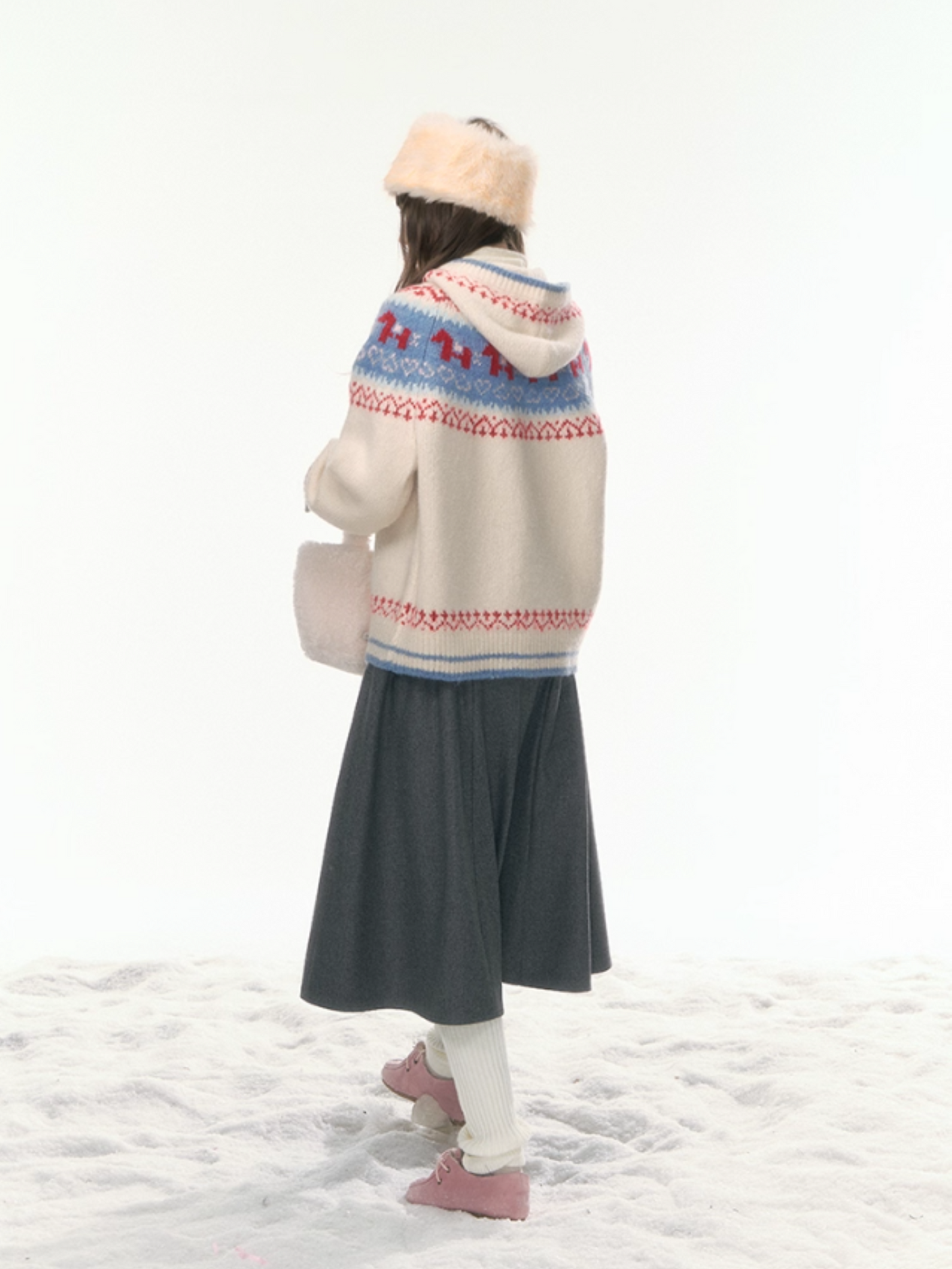 “Christmas Candy Market” Hooded Pony Fair Isle Knit Cardigan WW2025475