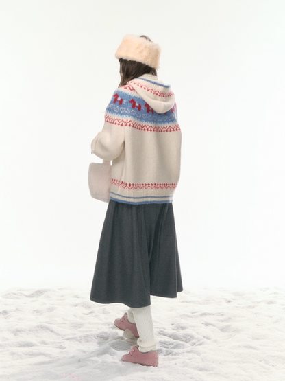 “Christmas Candy Market” Hooded Pony Fair Isle Knit Cardigan WW2025475