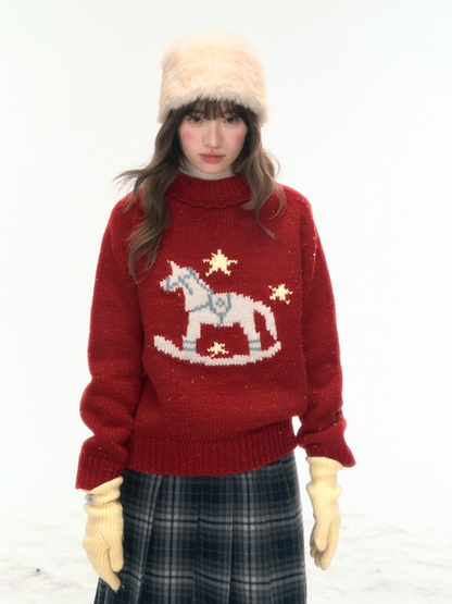 “Christmas Star Rocking Pony” Cozy Wool-Blend Knit Sweater WW2025470
