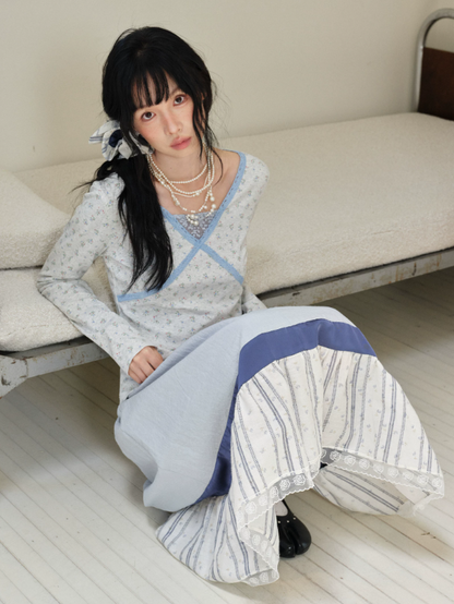 DAILY ARTIST - Light Gray Floral Lace Cross-Front Long-Sleeve Top